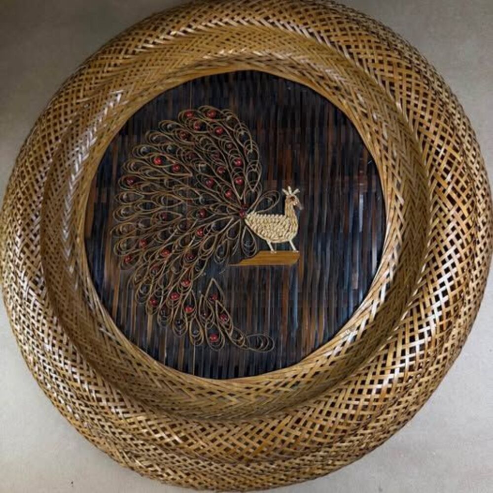 Vintage 1970s Rattan Bamboo Peacock Wall Decor Set of 3 Beaded Nesting
